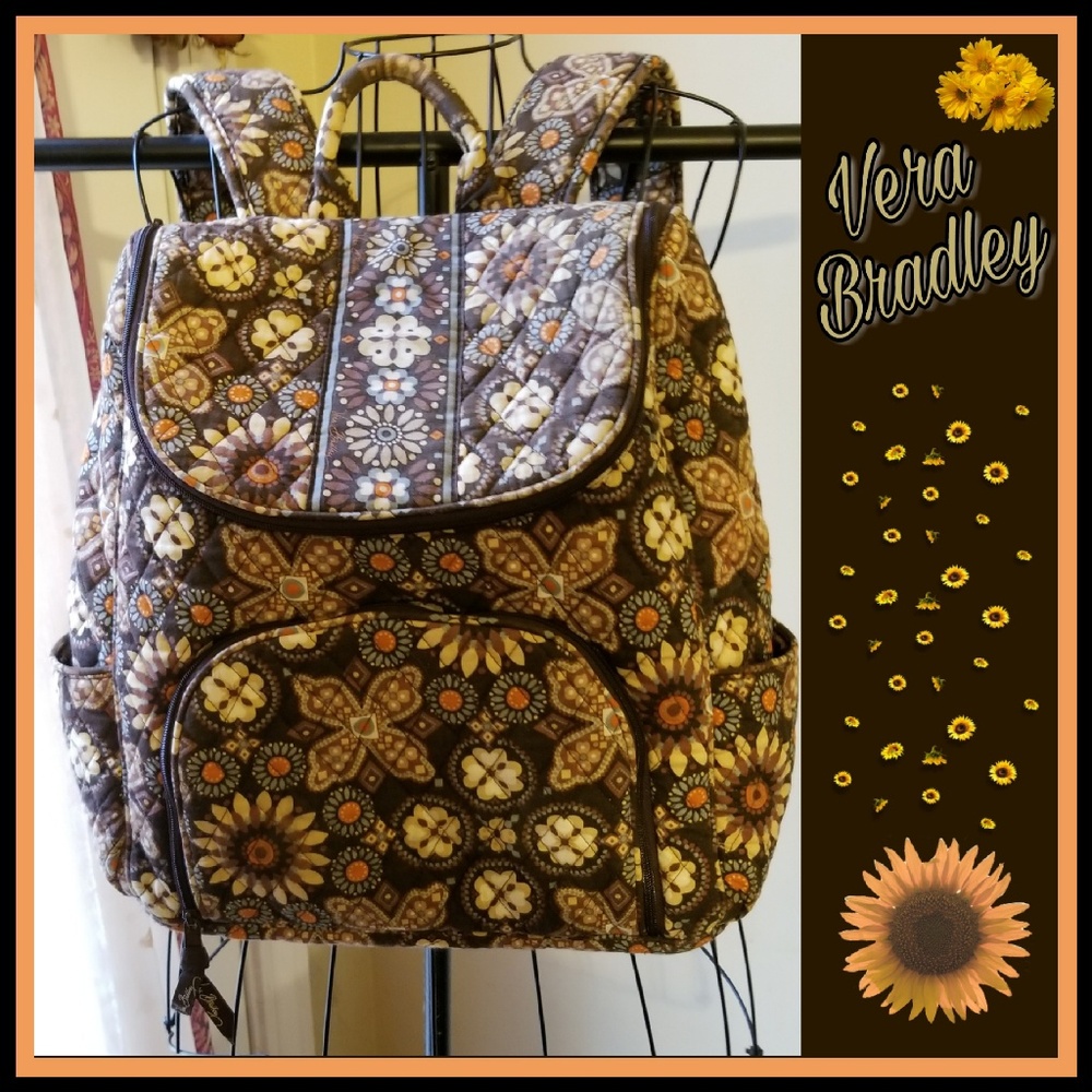 🌻Vera Bradley Brown, Cream, Orange Large Backpack